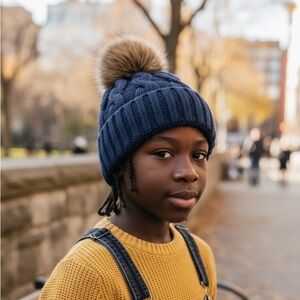 Lands' End Navy Knit Pom-Pom Hat with Brown Faux-Fur Pom